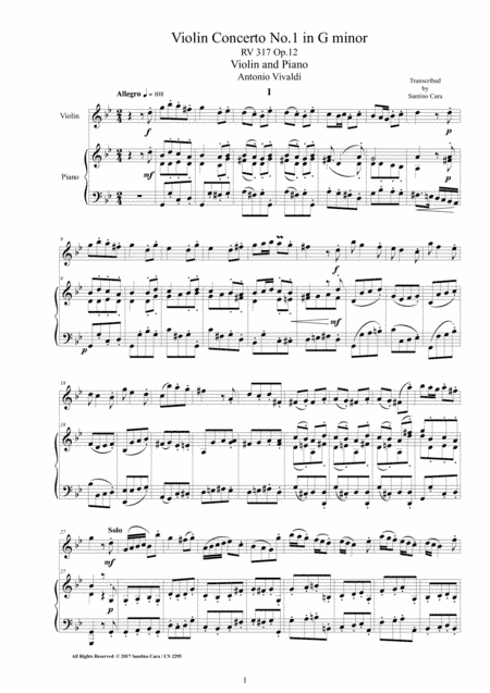 Vivaldi - Violin Concerto No.1 in G minor RV 317 Op.12 for Violin and Piano (arr. Santino Cara)
