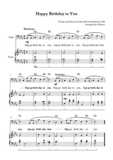 Happy Birthday to You | Tuba| E-flat Major | Piano accompaniment | Pedal | Chords | Lyrics (arr. Milanov)