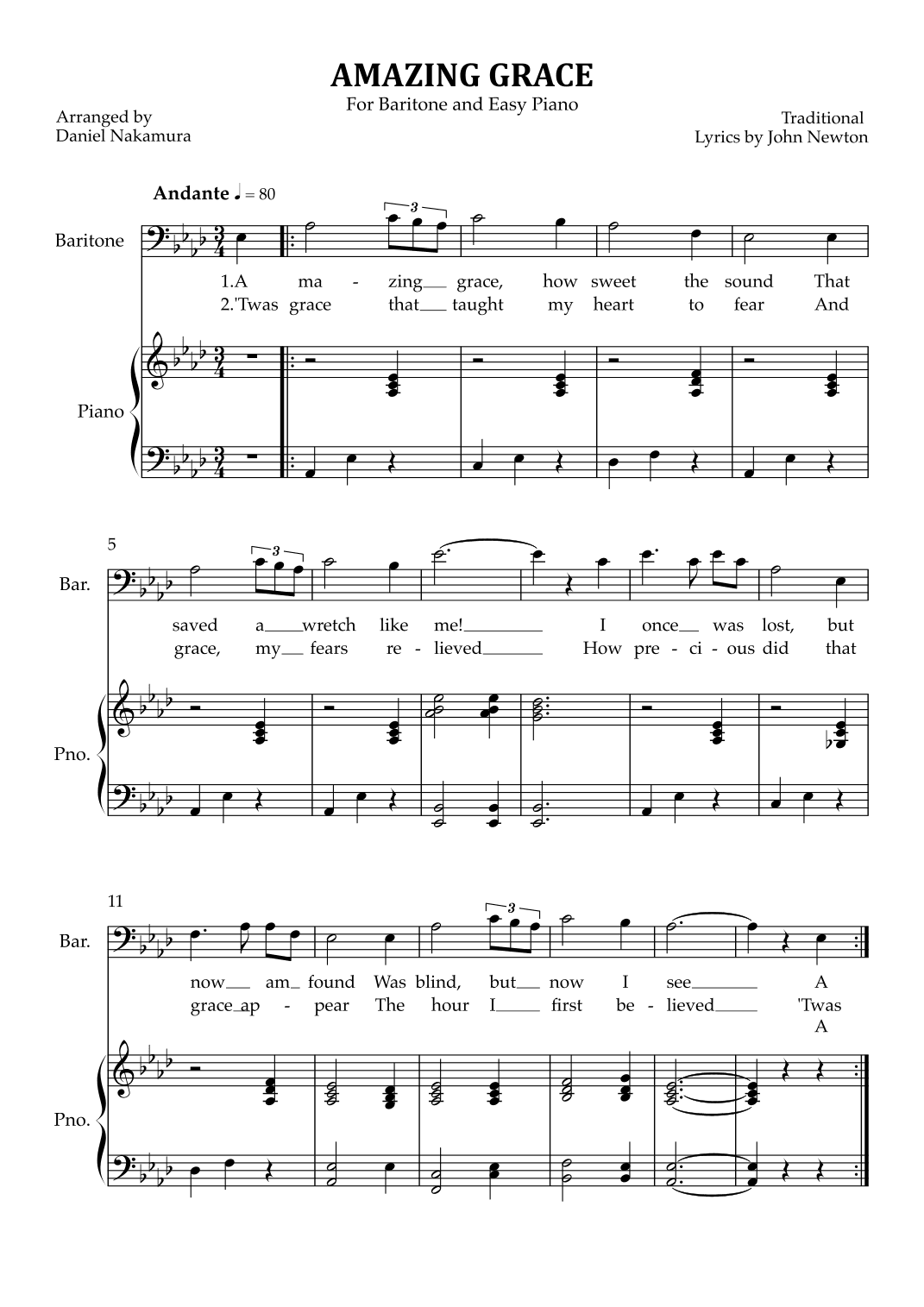 Amazing Grace (for baritone vocal with easy piano) (arr. Daniel Nakamura)