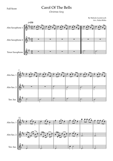 Carol Of The Bells (Christmas Song) for Saxophone Trio (D Minor) (arr. Fabio Britto)