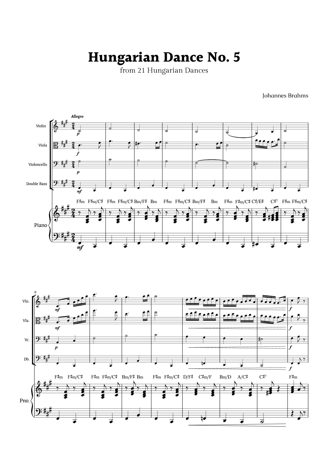Hungarian Dance No. 5 by Brahms for String Ensemble Quartet and Piano (arr. Rika K.)