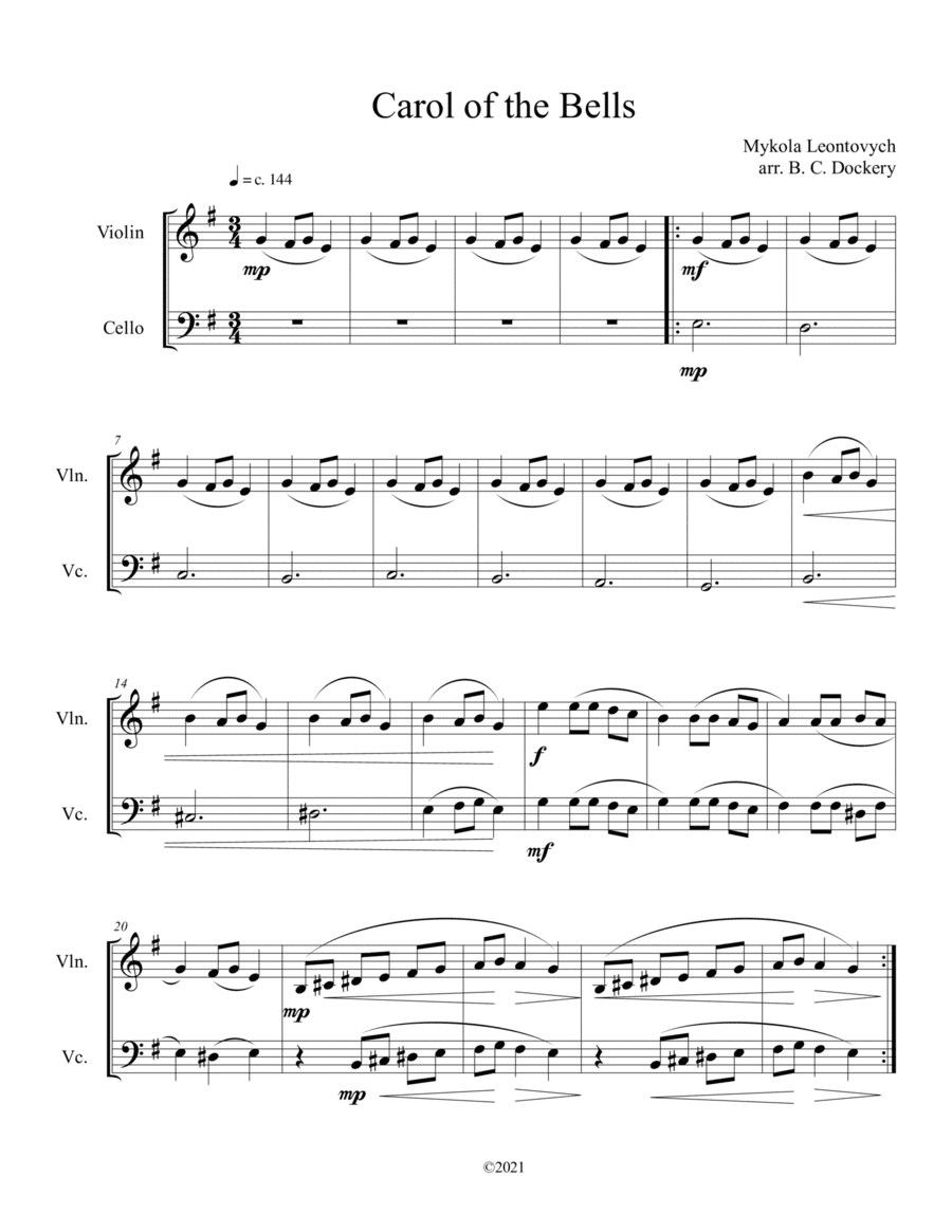 Carol of the Bells (Violin and Cello Duet) (arr. B. C. Dockery)