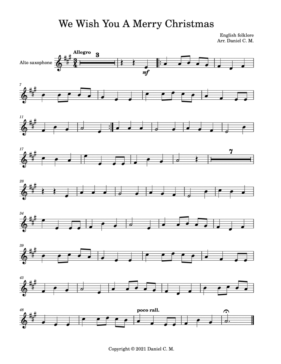 We Wish You A Merry Christmas for alto saxophone and piano (easy) (arr. Daniel C. M.)