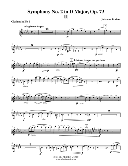 Brahms Symphony No. 2, Movement II - Clarinet in Bb 1 (Transposed Part), Op. 73 (arr. Doug Clyde)