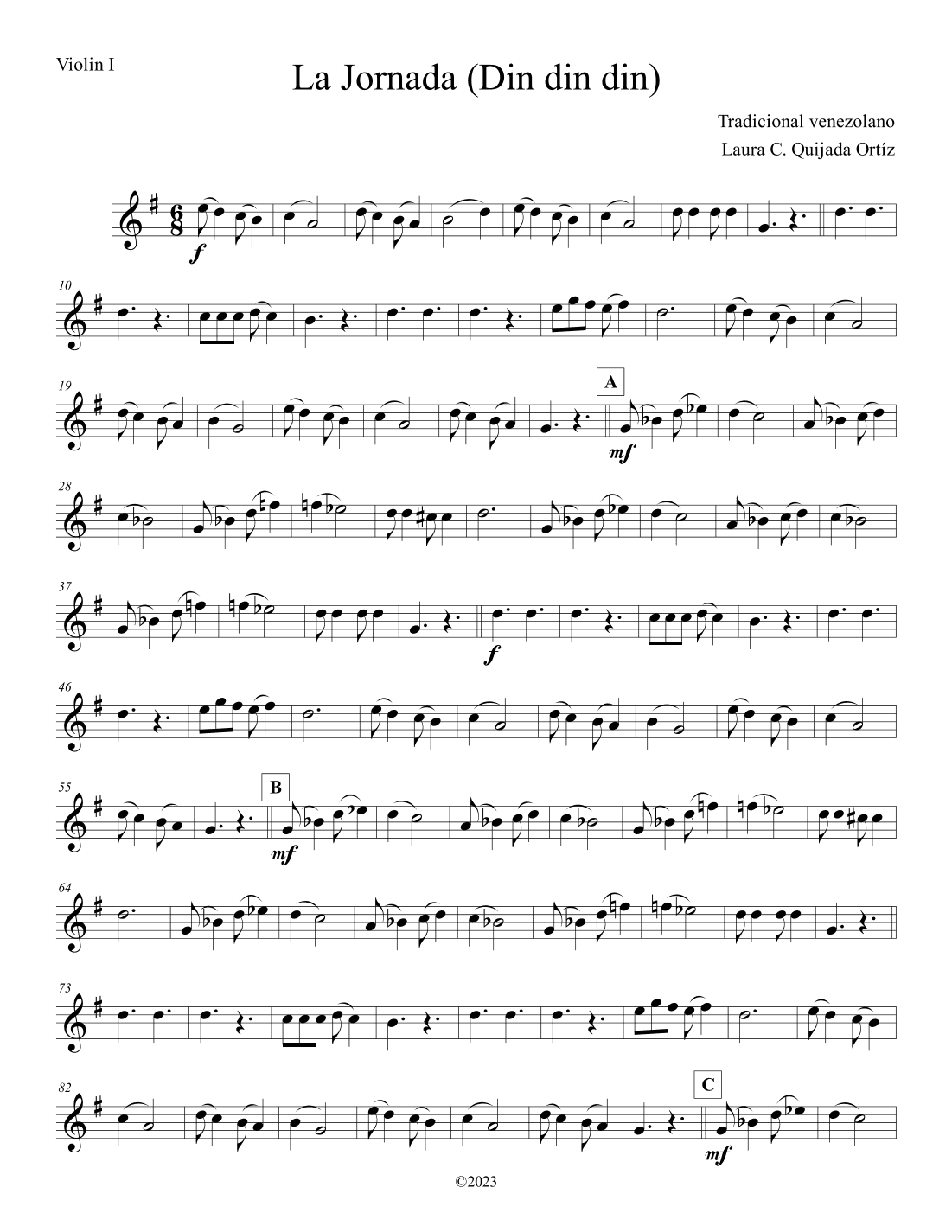 La Jornada/Din din din. Aguinaldo venezolano. Full intermediate-level orchestra. SCORE & PARTS (arr. Laura C. Quijada Ortíz)