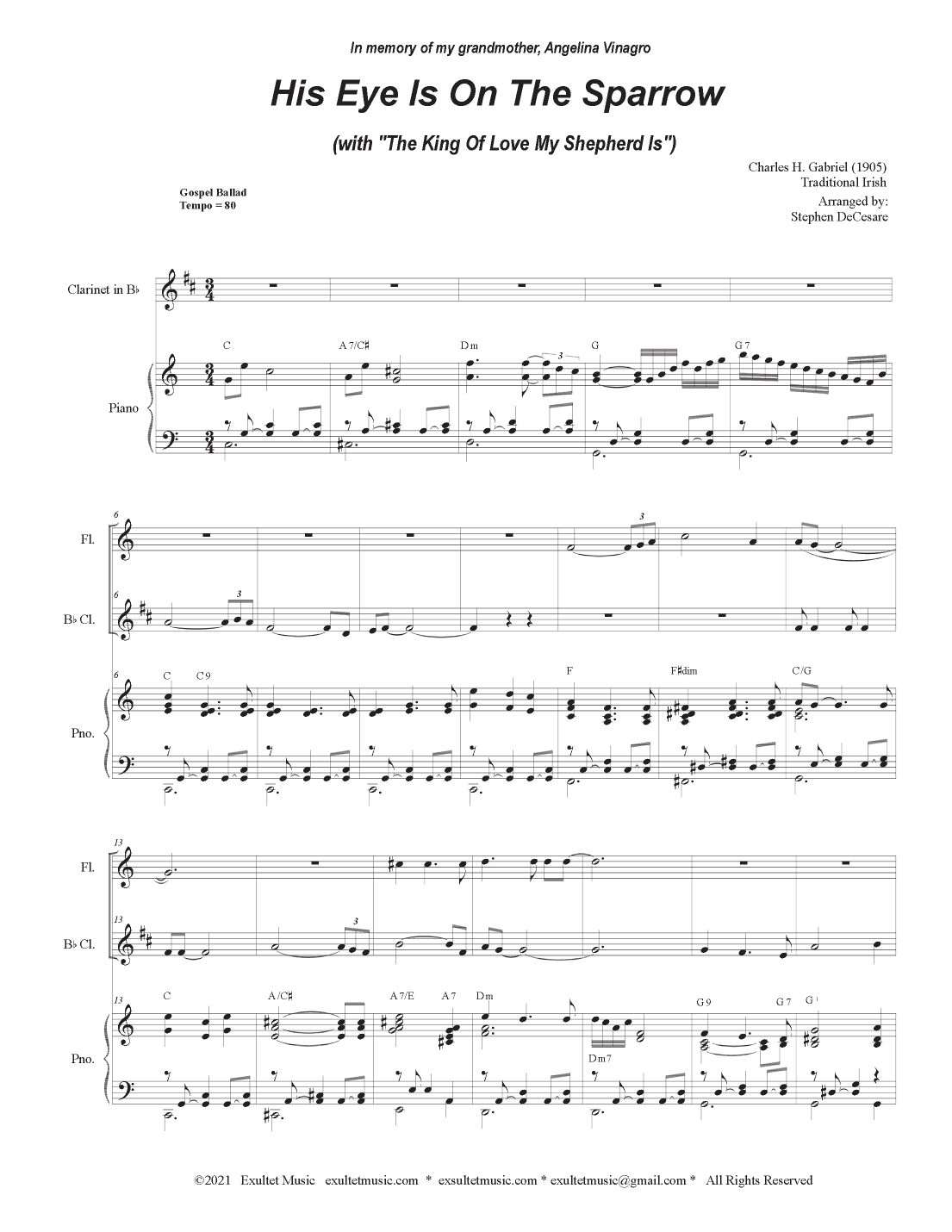 His Eye Is On The Sparrow (with "The King Of Love My Shepherd Is") (Duet for Flute and Bb-Clarinet) (arr. Stephen DeCesare)