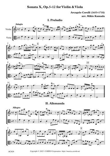 Sonata X, Op.5-10 for Violin & Viola (arr. Kamada, Mikio)