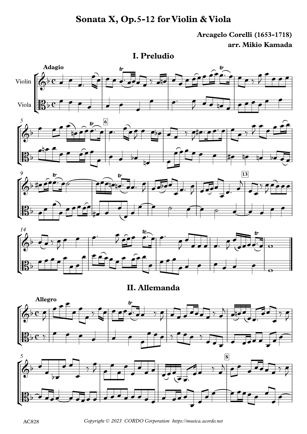Sonata X, Op.5-10 for Violin & Viola (arr. Kamada, Mikio)