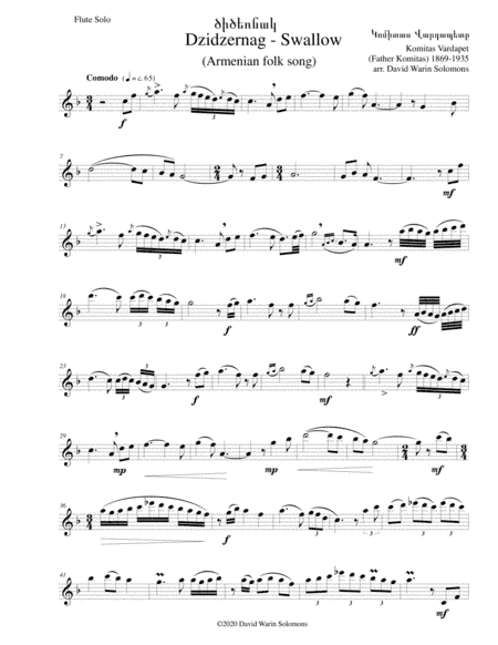 Dzidzernag (Swallow) (original version) for flute solo (arr. David Warin Solomons)