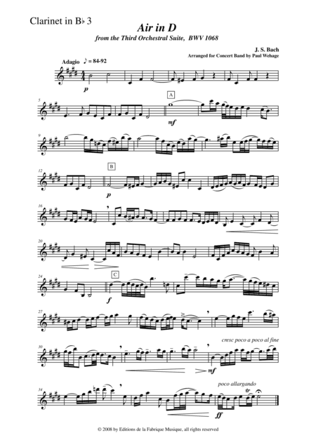 Johann Sebastian Bach/Wehage, Air in D from the Third orchestral suite, BWV 1068 arranged for concer (arr. Musik Fabrik Music Publishing)