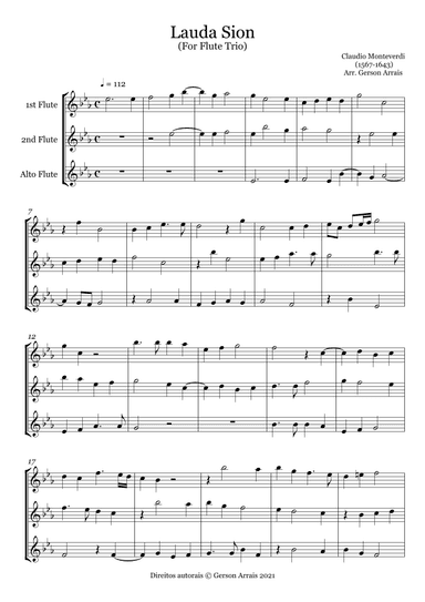 Lauda Sion - Claudio Monteverdi, for Flute Trio   Score and Parts (arr. Gerson Arrais)