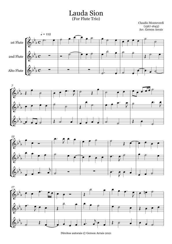 Lauda Sion - Claudio Monteverdi, for Flute Trio   Score and Parts (arr. Gerson Arrais)