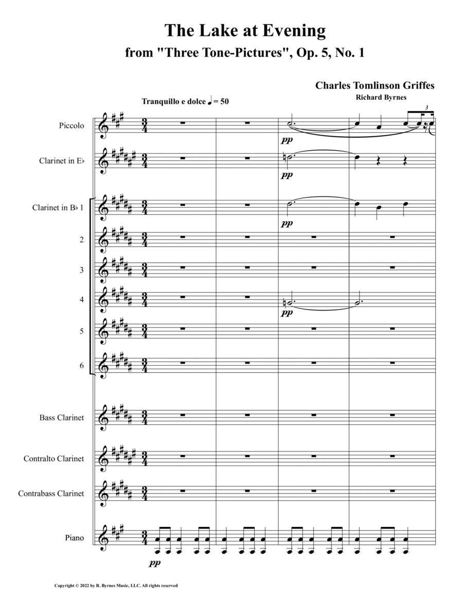 The Lake at Evening ("Three Tone Poems", Op. 5 (Clarinet Choir + Piccolo & Piano) (arr. Richard Byrnes)