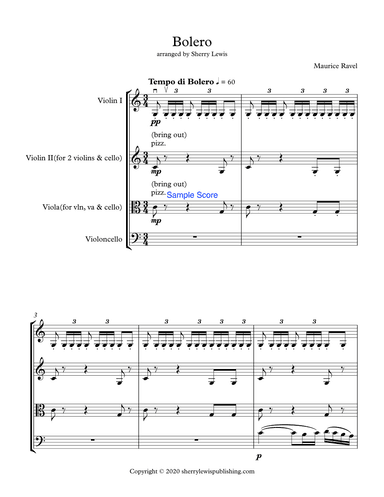 BOLERO for String Trio, Intermediate Level for 2 violins and cello or violin, viola and cello (arr. Sherry Lewis Publishing)