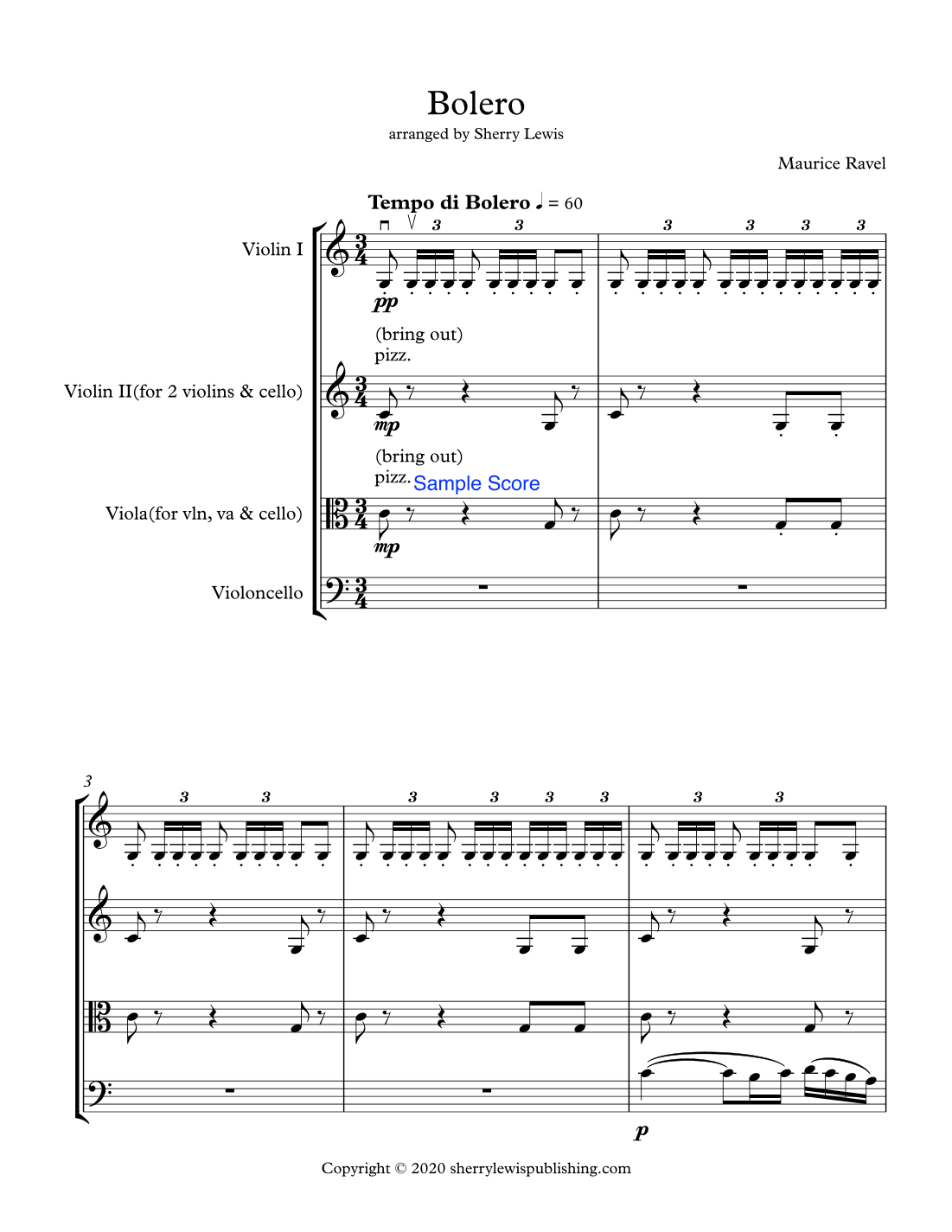 BOLERO for String Trio, Intermediate Level for 2 violins and cello or violin, viola and cello (arr. Sherry Lewis Publishing)