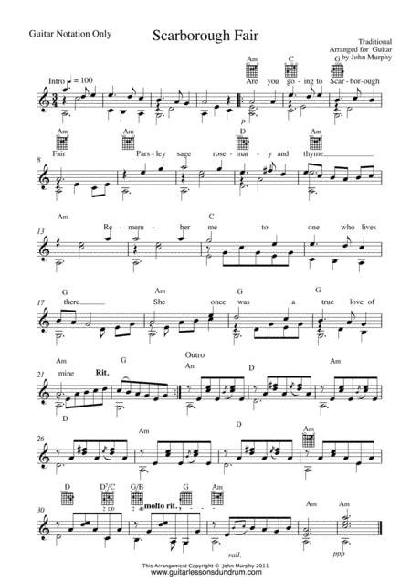 Scarborough Fair For Fingerstyle Guitar (Notes Only ) (arr. John Murphy C.S.M.V.)