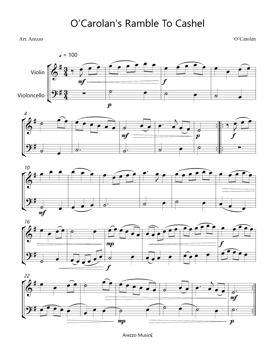 O’Carolan’s Ramble To Cashel - Violin and Cello Arrangement (arr. Arezzo Music)
