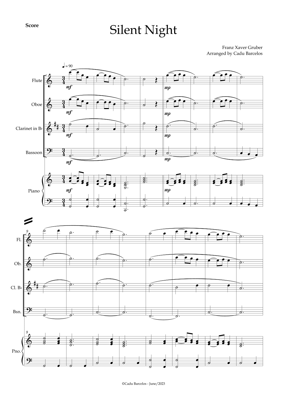 Silent night (Woodwind Quartet) Piano (arr. Cadu Barcelos)