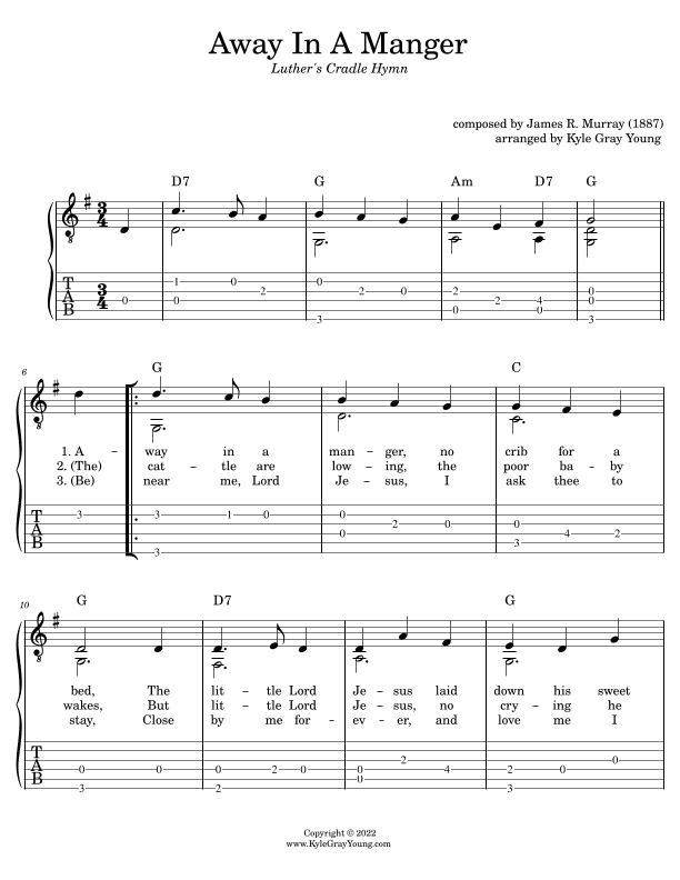 Away In A Manger (easy fingerstyle guitar tablature) (arr. Kyle Gray Young)