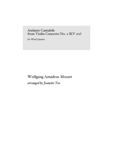 Andante Cantabile from Mozart's Violin Concerto No. 2 in D Major KV 211 (for Wind Quintet) - Part Sc (arr. Jeanette Yeo)