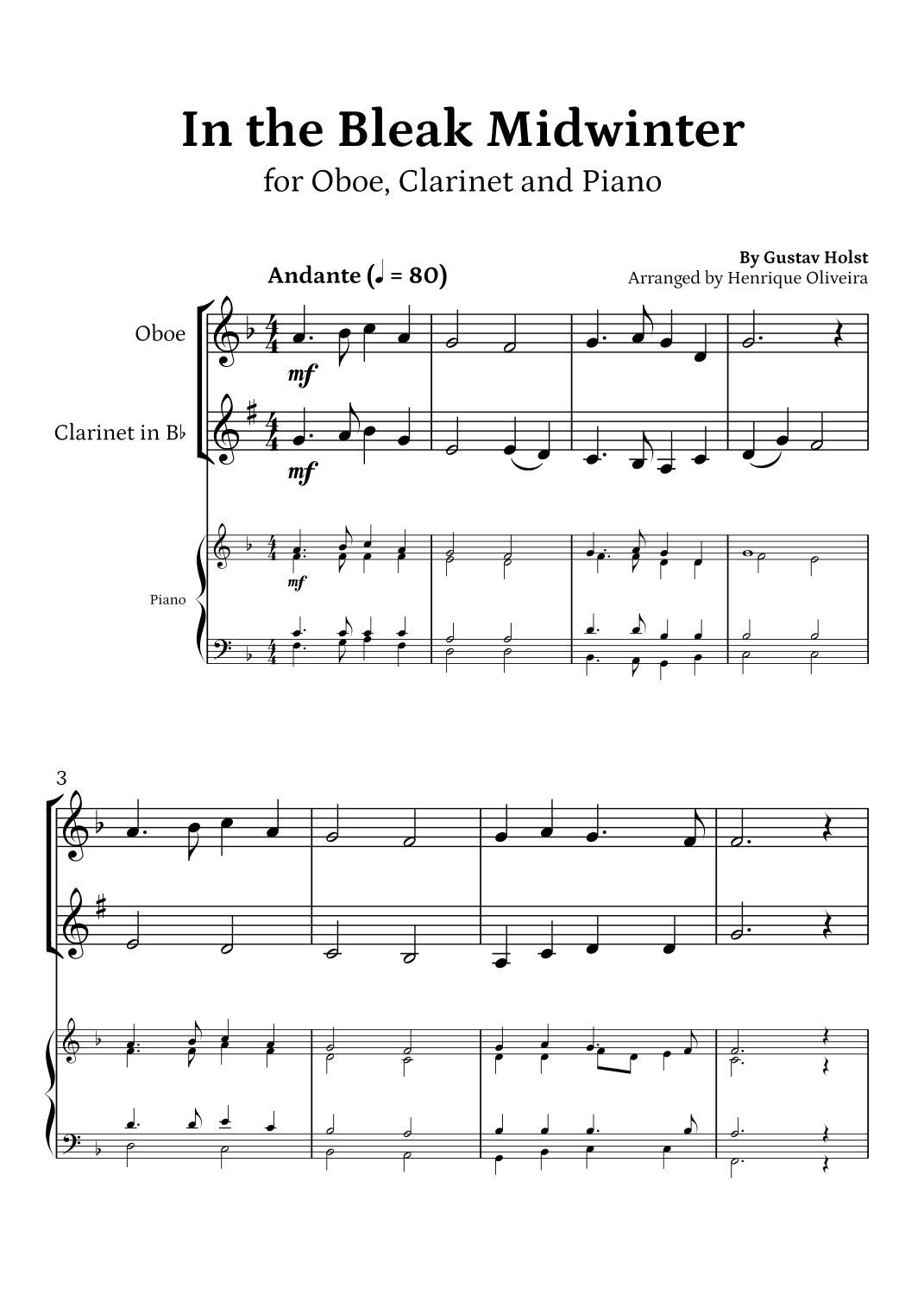 In the Bleak Midwinter (Oboe, Clarinet and Piano) - Beginner Level (arr. Henrique Oliveira)