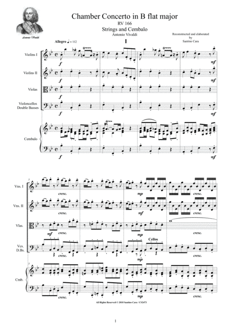 Vivaldi - Chamber Concerto in B flat major RV 166 for Strings and Cembalo (arr. Santino Cara)