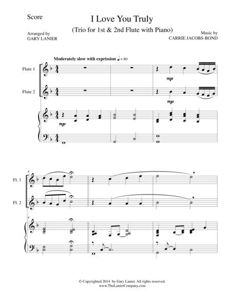 I LOVE YOU TRULY (Trio – Flute 1, Flute 2, and Piano with Score and Flt Parts) (arr. Gary Lanier)
