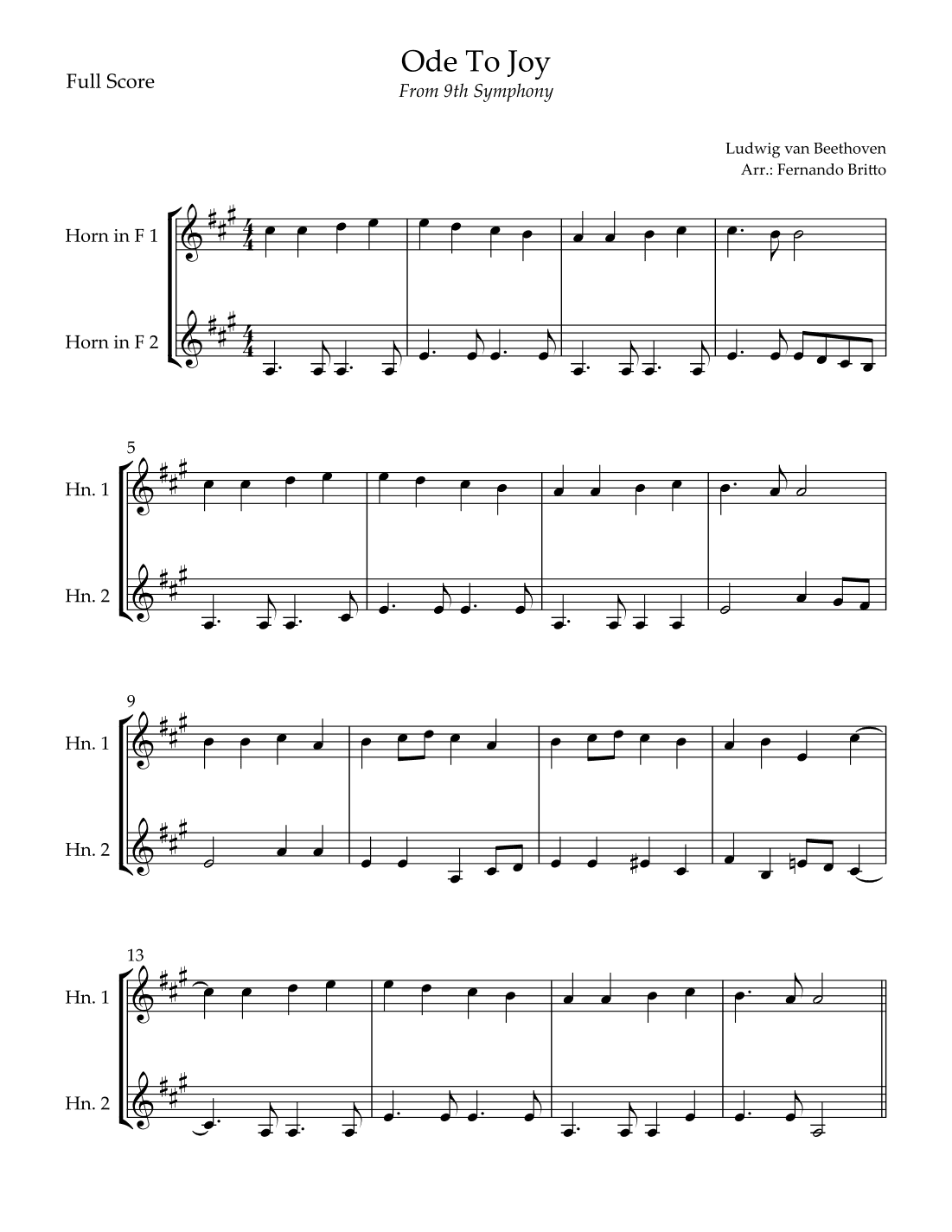 Ode To Joy Theme (from Beethoven's 9th Symphony) for Horn in F Duo (arr. Fernando Britto)