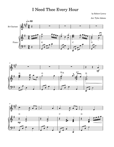 I Need Thee Every Hour (Bb Clarinet Solo and Piano) (arr. Tyler Adams)