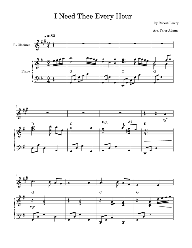 I Need Thee Every Hour (Bb Clarinet Solo and Piano) (arr. Tyler Adams)