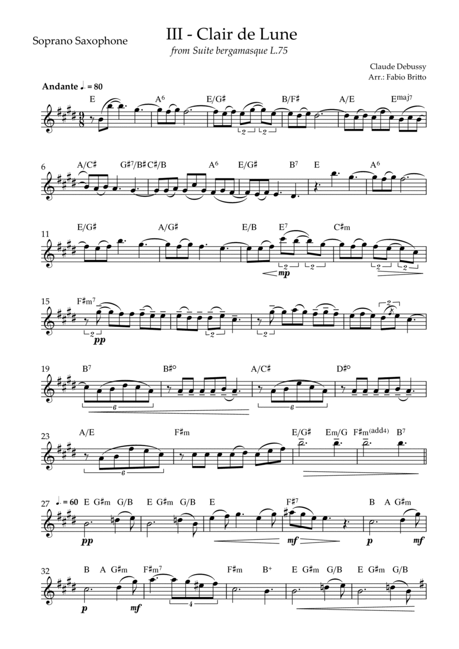 Clair de Lune (C. Debussy) for Soprano Saxophone Solo with Chords (D Major) (arr. Fabio Britto)