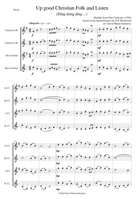 Up good Christian Folk and Listen (Ding dong ding ...) for clarinet quartet (with E flats) (arr. G R Woodward, David Warin Solomons)
