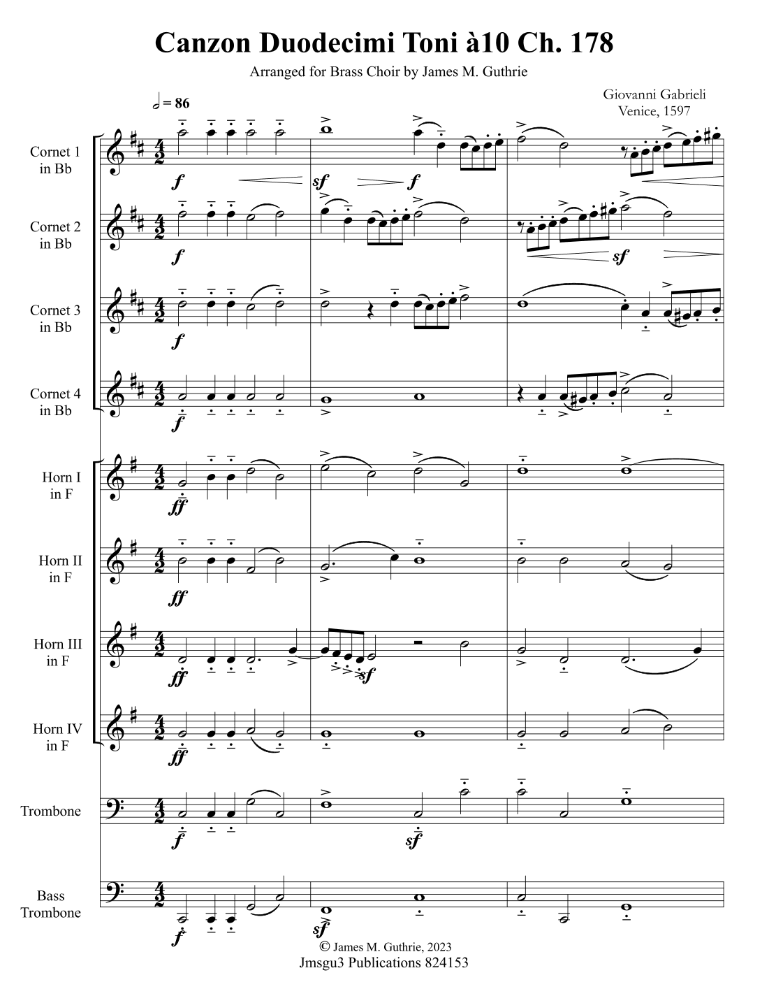 Gabrieli: Canzon per Sonar Ch. 178 for Brass Choir à 10 (arr. James M. Guthrie, ASCAP)