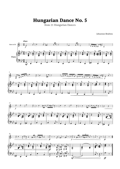 Hungarian Dance No. 5 by Brahms for B- Flat Horn and Piano (arr. Rika K.)