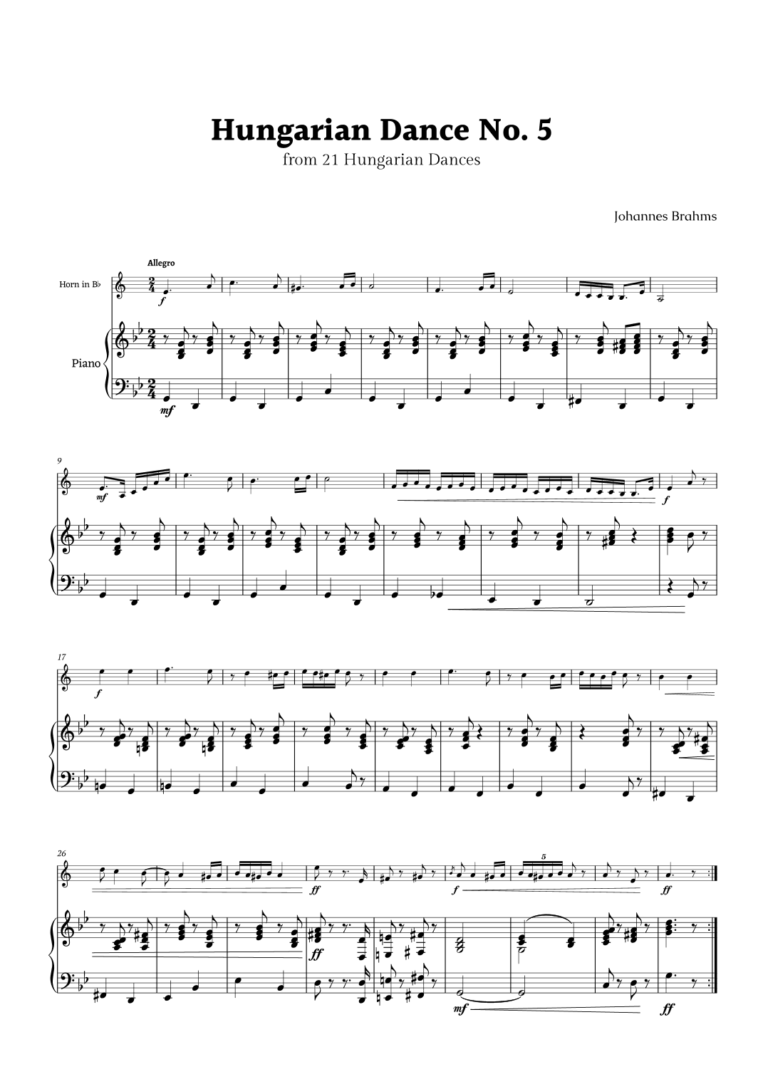 Hungarian Dance No. 5 by Brahms for B- Flat Horn and Piano (arr. Rika K.)