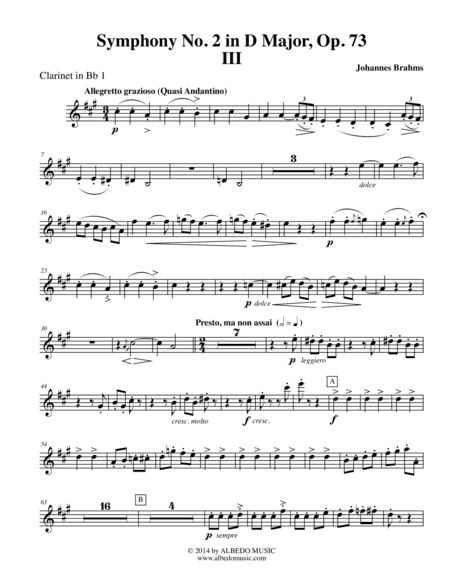 Brahms Symphony No. 2, Movement III - Clarinet in Bb 1 (Transposed Part), Op. 73 (arr. Doug Clyde)