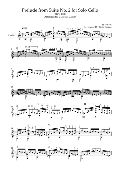 Prelude (from Suite No. 2 for Solo Cello) (BWV 1008) by JS Bach - arr for Solo Guitar in A minor (arr. Pietro Prugna)