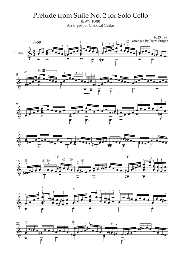 Prelude (from Suite No. 2 for Solo Cello) (BWV 1008) by JS Bach - arr for Solo Guitar in A minor (arr. Pietro Prugna)