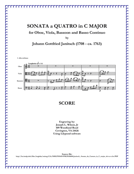 Janitsch Sonata a Quatro in C Major for Oboe, Viola, Bassoon and Basso Continuo (arr. Joseph L. Wilson, Jr.)