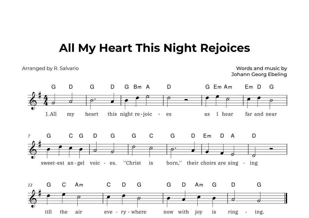 All My Heart This Night Rejoices (Key of G Major) (arr. R. Salvario)