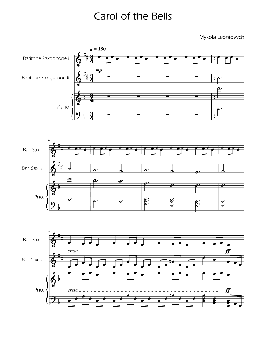 Carol of the Bells - Baritonet Sax Duet w/ Piano (arr. Ygor Nunes)