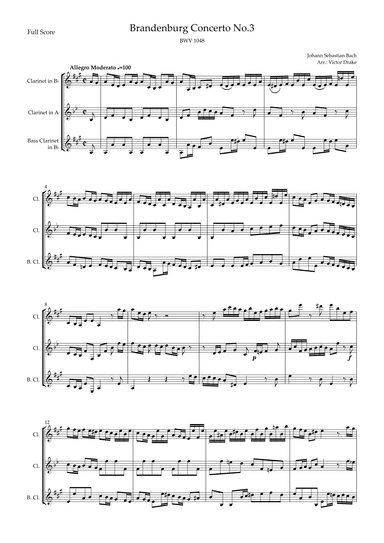 Brandenburg Concerto No. 3 in G major, BWV 1048 1st Mov. (J.S. Bach) for Clarinet Trio (arr. Victor Drake)