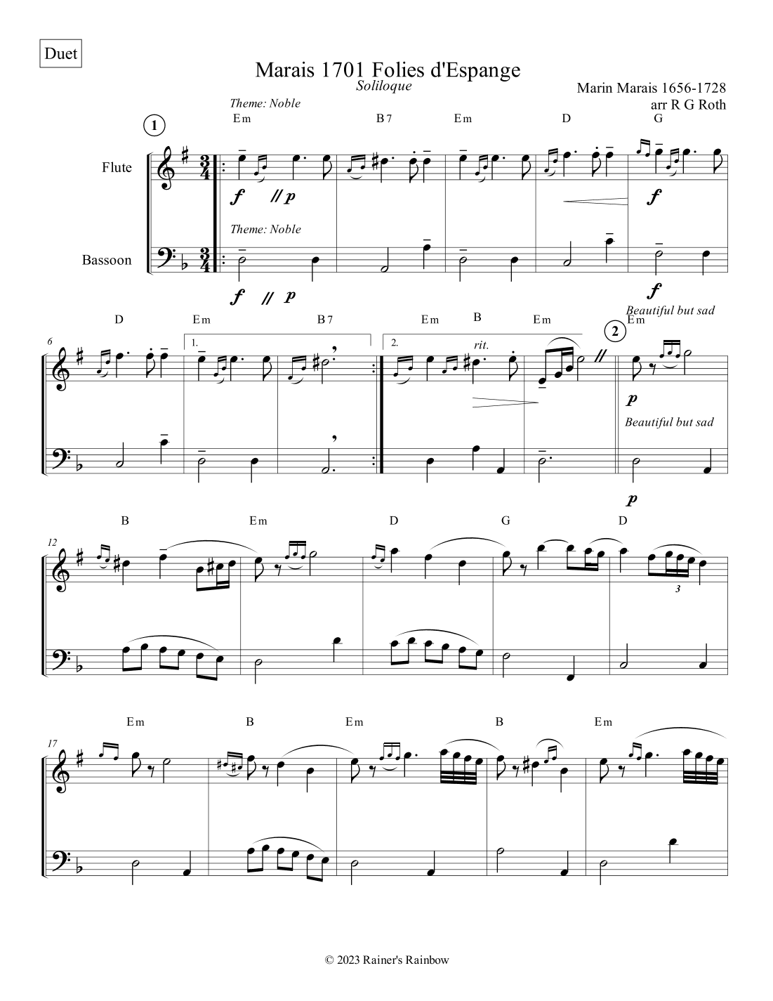Marais 1701 Folies d'Espagne Flute and Bassoon Duet Score and Parts (arr. R G Roth)