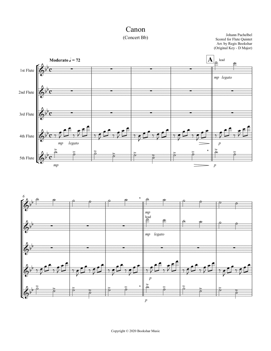 Canon (Pachelbel) (Bb) (Flute Quintet) (arr. Regis Bookshar)