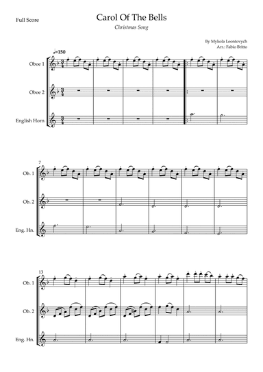 Carol Of The Bells (Christmas Song) for Woodwind Trio (D Minor) (arr. Fabio Britto)