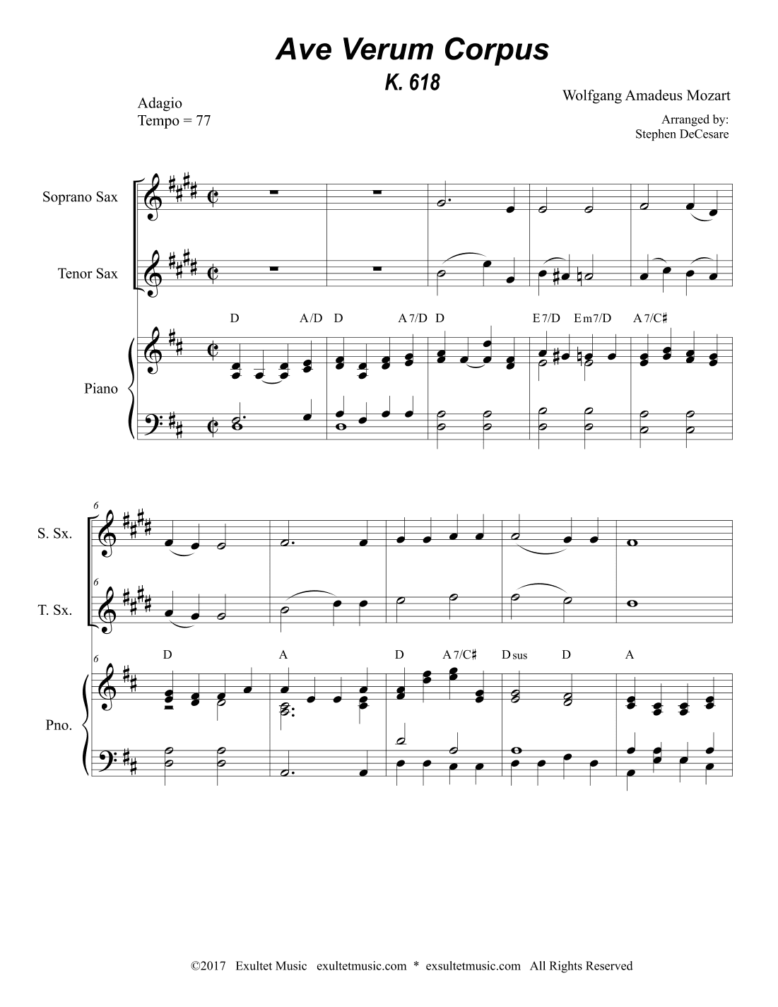 Ave Verum Corpus (Duet for Soprano and Tenor Saxophone - Piano Accompaniment) (arr. Stephen DeCesare)
