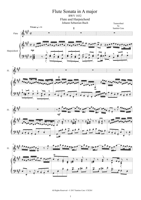 Bach - Flute Sonata in A major BWV 1032 for Flute and Harpsichord (or Piano) (arr. Santino Cara)
