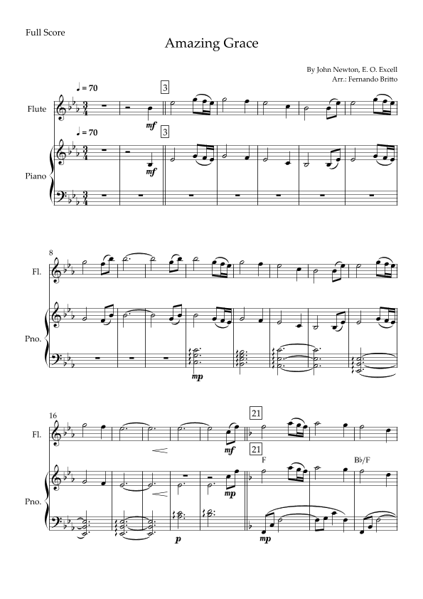 Amazing Grace (John Newton, E. O. Excell) for Flute Solo and Piano Accompaniment with Chords (arr. Fernando Britto)