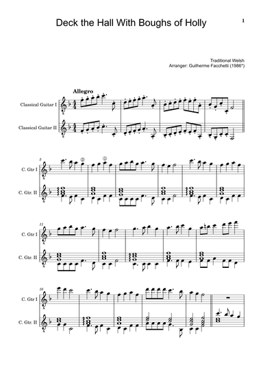 Traditional Welsh - Deck the Hall With Boughs of Holly. For Classical Guitar Duet. (arr. Guilherme Facchetti)