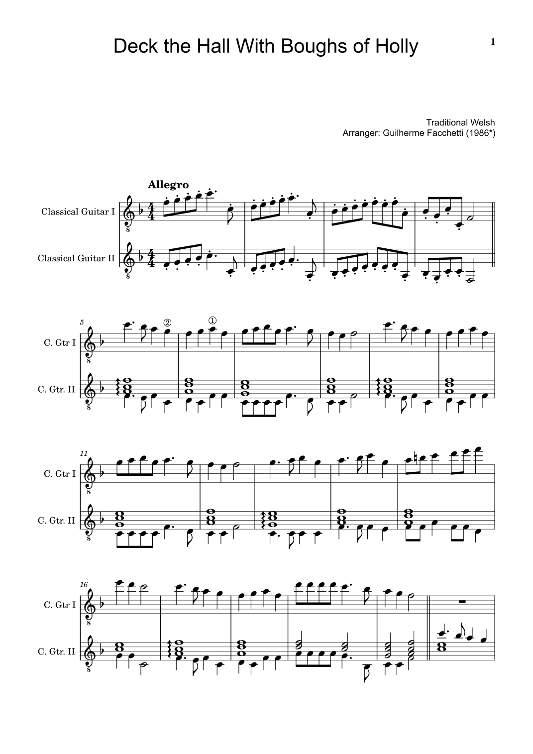 Traditional Welsh - Deck the Hall With Boughs of Holly. For Classical Guitar Duet. (arr. Guilherme Facchetti)